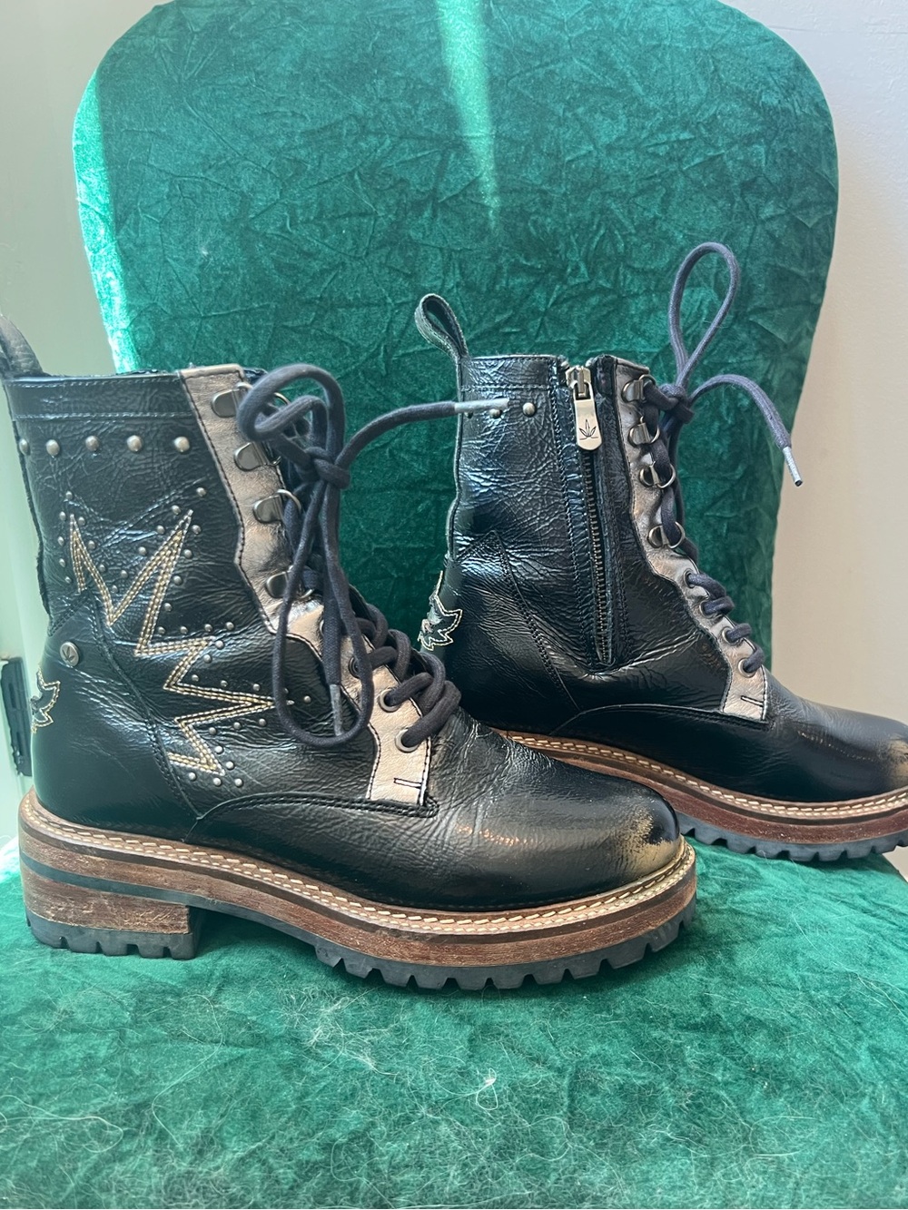 Mezcalero Black Leather Studded Moto Ankle Boots Zip Lace 7.5 37
